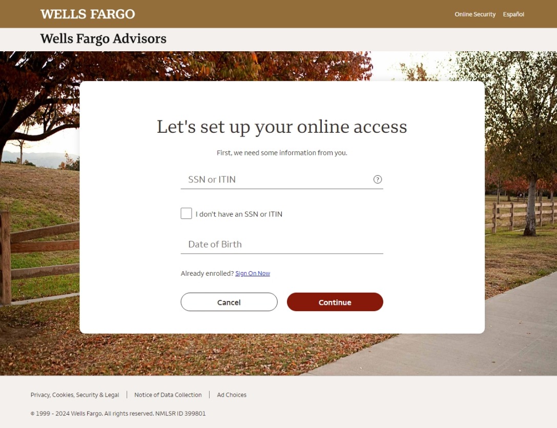 screenshot of let’s set up your online access webpage